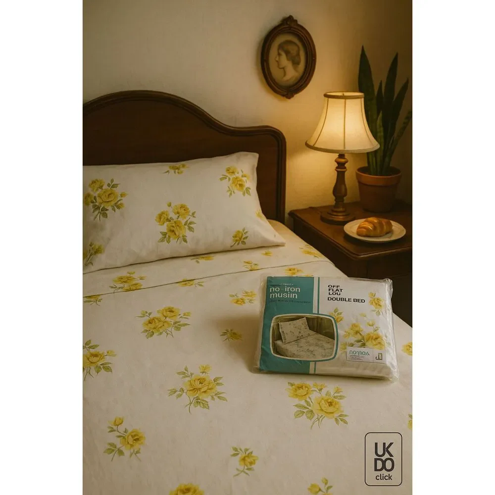 Vintage Fashion Manor No-Iron Muslin Flat Sheet Double Bed 81x96 Yellow Floral